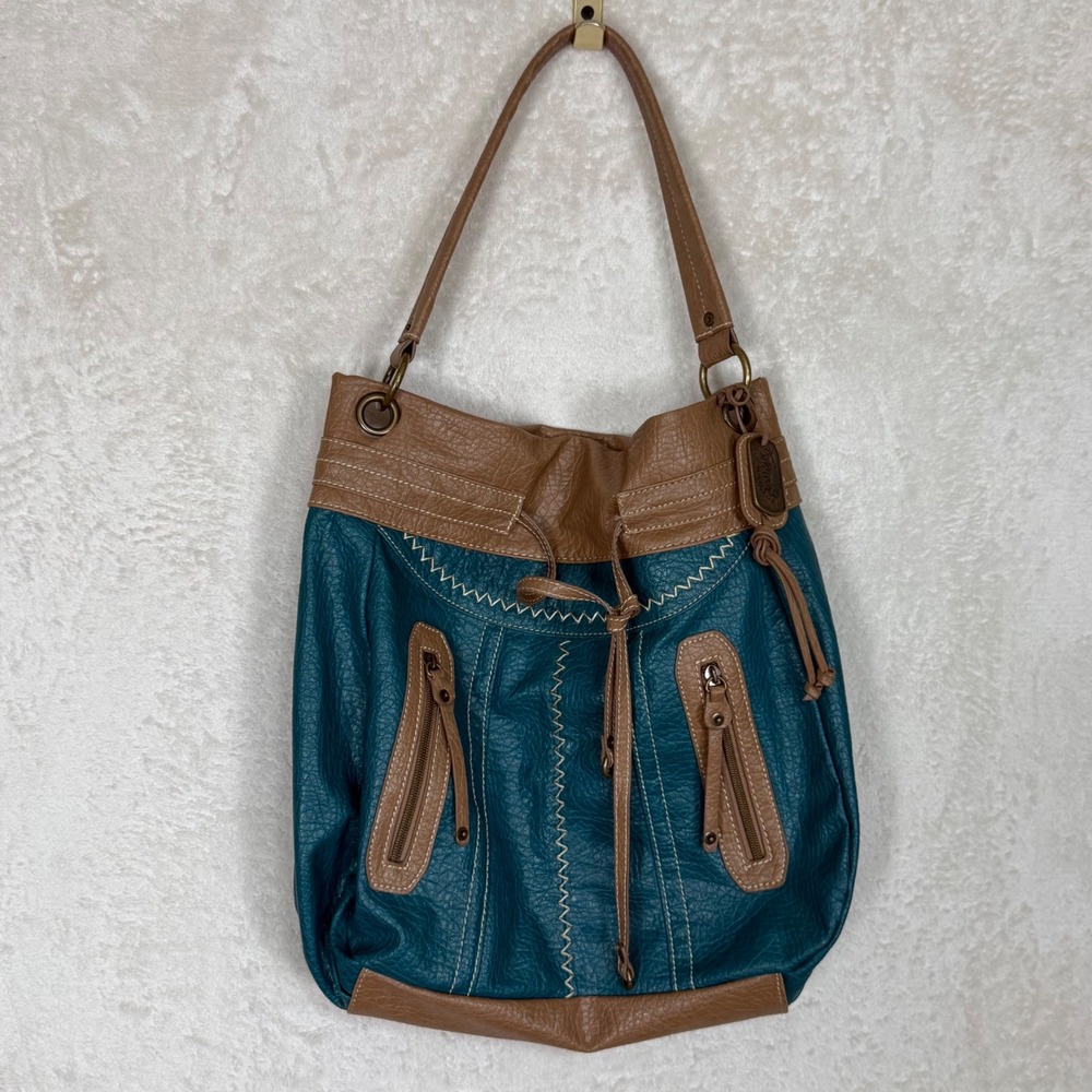 Nine West Vintage America Teal Tan Pebbled Faux Leather Boho Hobo Shoulder Bag